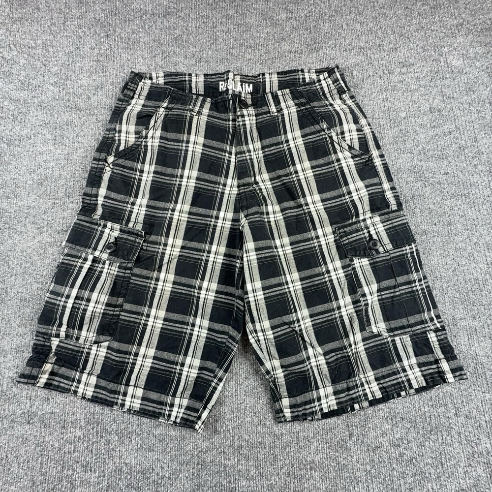 Reclaim Cargo Shorts Mens 32 Black Plaid 11 Inseam Flat Front Cotton Pockets